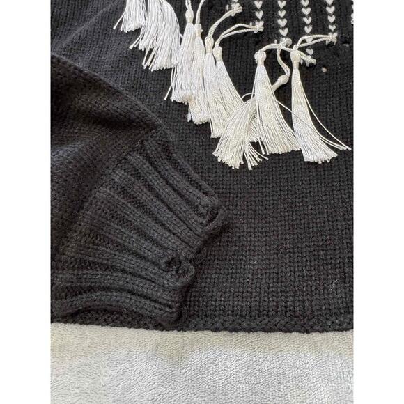 12th Tribe Black Tassel Round Neck Distressed Knit Sweater One Size - Picture 6 of 7